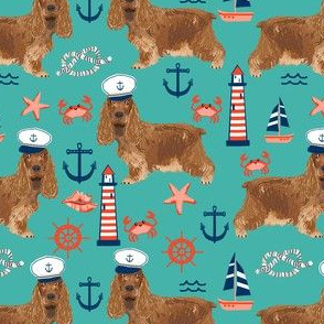 cocker spaniel nautical fabric // nautical sailing sailor dog, cocker spaniel fabric, dog fabric, spaniel fabric by the yard, nautical fabric by the yard, home decor fabric -  turquoise