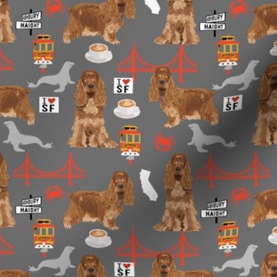 cocker spaniel san francisco dog fabric // dog fabric, cocker spaniel fabric by the yard, cute dog fabric, san fran fabric, cute dog -grey