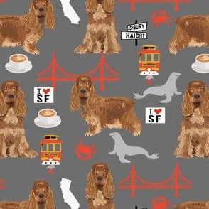 cocker spaniel san francisco dog fabric // dog fabric, cocker spaniel fabric by the yard, cute dog fabric, san fran fabric, cute dog -grey