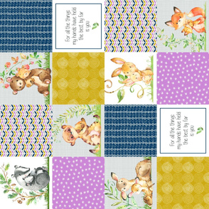 Mama + Baby Girl Wholecloth Cheater Quilt ROTATED- Woodland Patchwork Blanket Panel- Navy, Lilac, Mustard