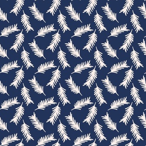 Blush white leaves pattern on a blue background