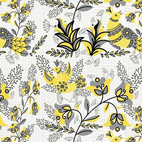 Birds of a Feather Quilting in Yellow and Gray Pantone 2021 with Black and White on Textured Gray Background