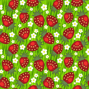 Strawberries Daisies on Green Grass