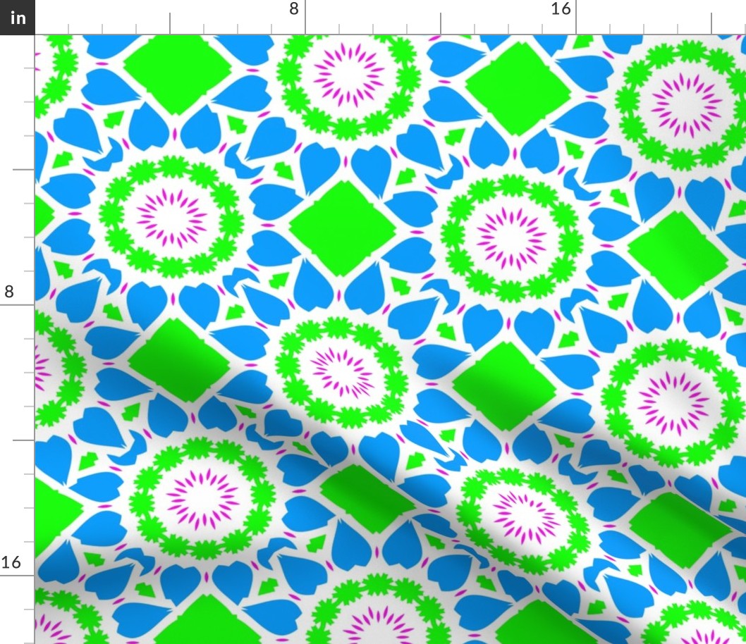 Floral Limes and Blue Mosaic Tiles on White