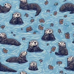 Otters Swim Party in the Ocean