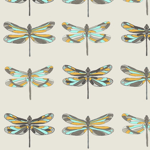 Aqua and yellow dragonflies on light beige