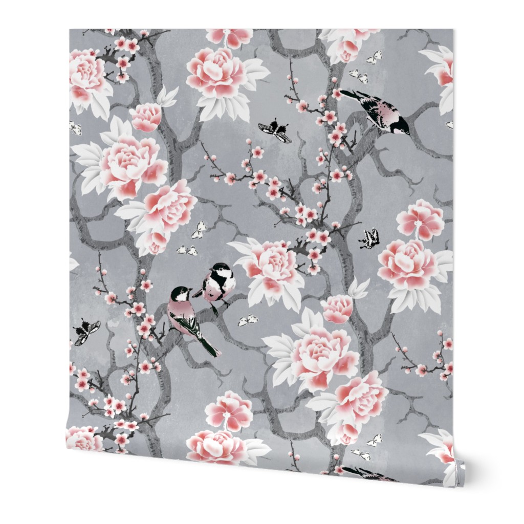 Chinoiserie birds in grey large scale