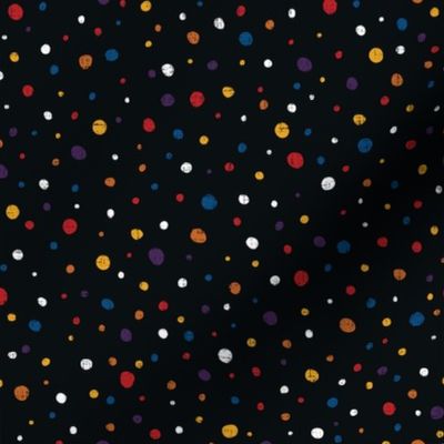 Dots in multicolor on black - red, yellow, white, orange, purple, blue