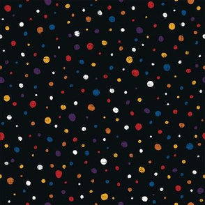 Dots in multicolor on black - red, yellow, white, orange, purple, blue