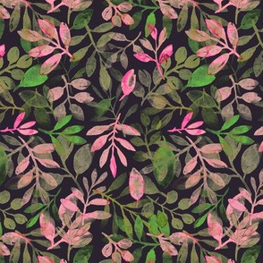 pink and green leaves on dark background