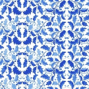 Traditional Blue Portugal Azulejo Ornament, Vector Seamless Pattern with Leaves, Curls and Stylized Foliage.
