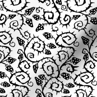 Halloween Seamless Pattern with Black Barbed Spike Plant and Amanita muscaria Mushrooms, Monochrome