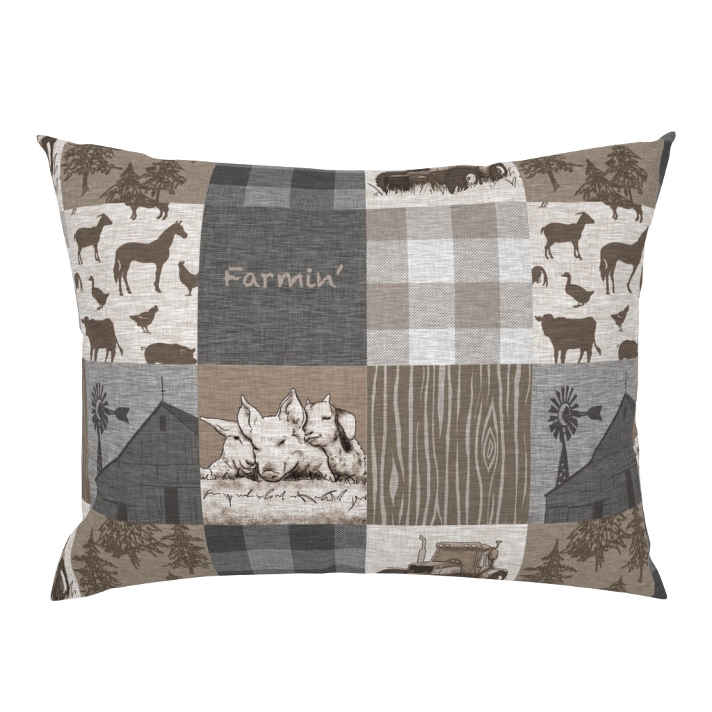 Farmin - 9sq Rustic Soft Brown And grey - farm animal quilt