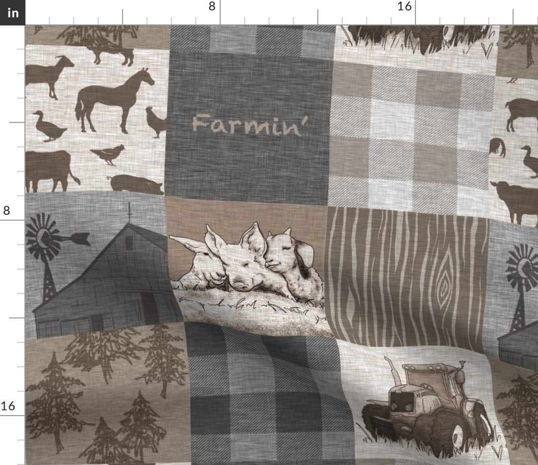 Farmin - 9sq Rustic Soft Brown And grey - farm animal quilt