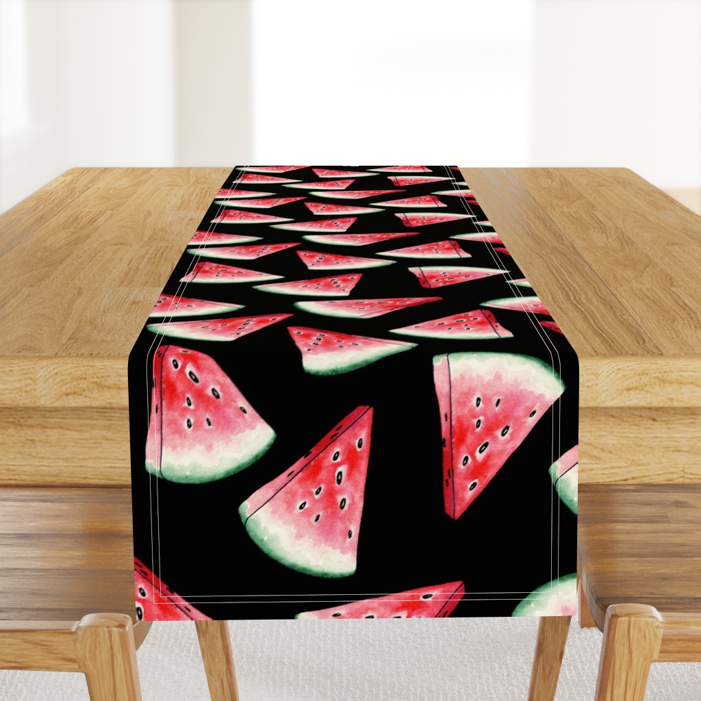  Red Watermelon Slices Seamless Pattern on Black Background. 