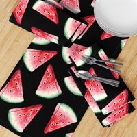  Red Watermelon Slices Seamless Pattern on Black Background. 