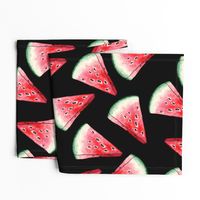  Red Watermelon Slices Seamless Pattern on Black Background. 