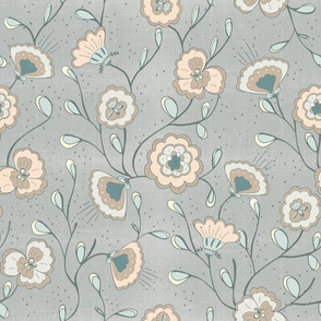 Chinoisserie floral dove grey. Retro trailing floral on soft grey background.