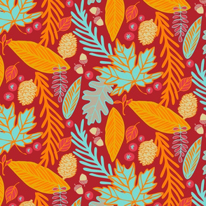 Autumn Leaves on Deep Red with Teal 