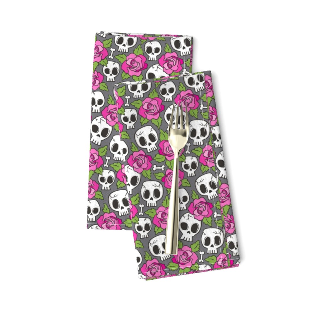 Skulls and Roses  Pink on Dark Grey Smaller 1,5 inch