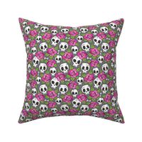 Skulls and Roses  Pink on Dark Grey Smaller 1,5 inch