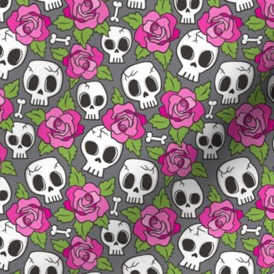 Skulls and Roses  Pink on Dark Grey Smaller 1,5 inch