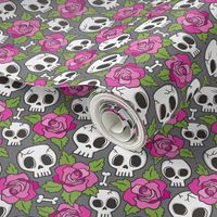 Skulls and Roses  Pink on Dark Grey Smaller 1,5 inch