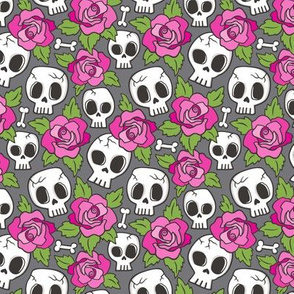 Skulls and Roses  Pink on Dark Grey Smaller 1,5 inch