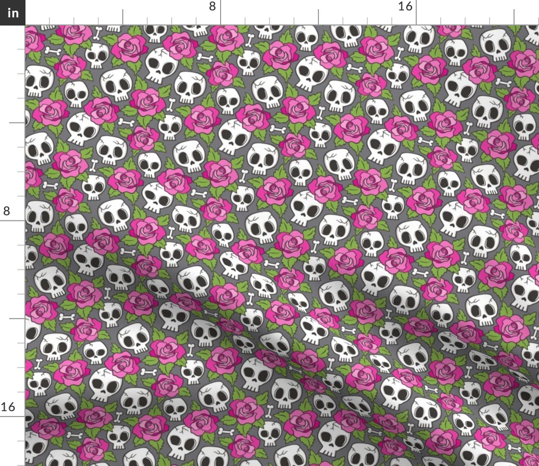 Skulls and Roses  Pink on Dark Grey Smaller 1,5 inch