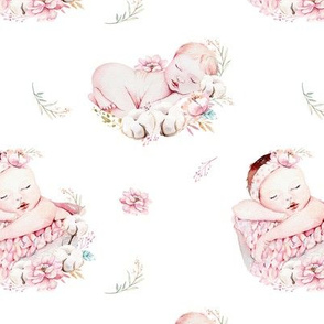 Cute newborn watercolor baby with flowers. 