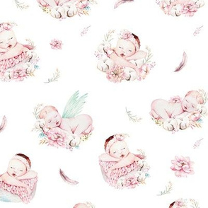 Cute newborn watercolor baby with flowers. 