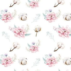 Watercolor floral pattern with flowers and cotton branches. 