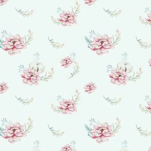 Watercolor floral pattern with flowers and cotton branches. 