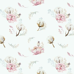 Watercolor pattern with flowers and cotton branches. 