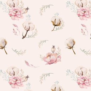 Watercolor floral pattern with flowers and cotton branches. 