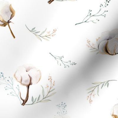 Watercolor floral pattern with cotton branches. 