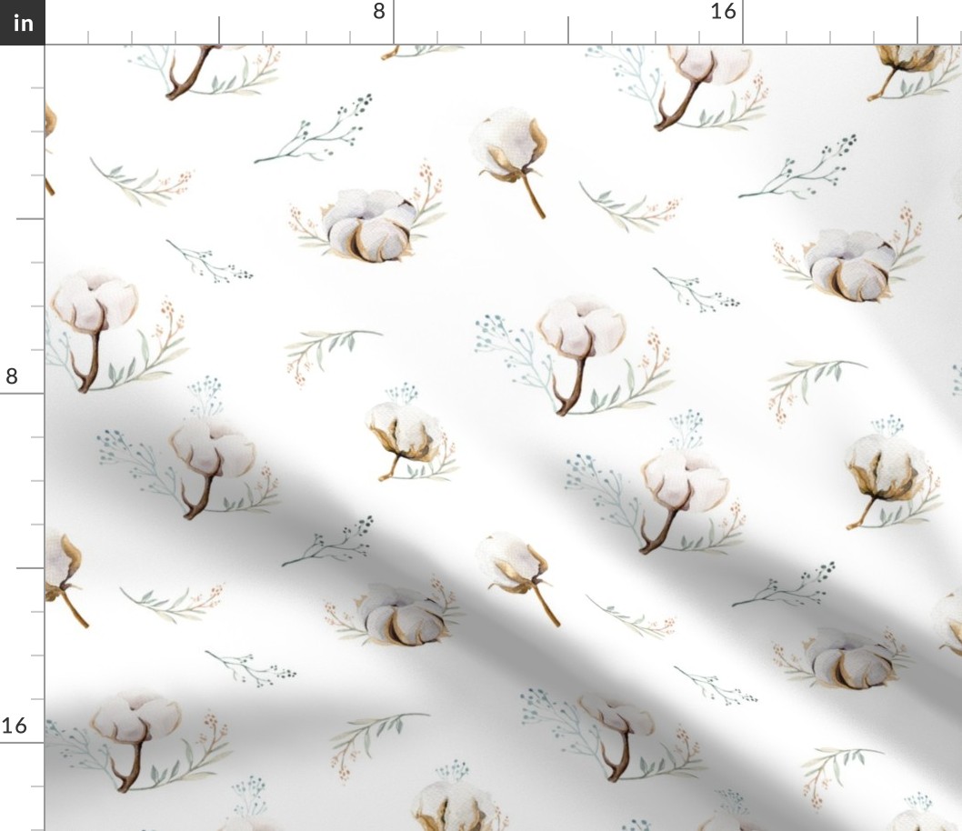 Watercolor floral pattern with cotton branches. 