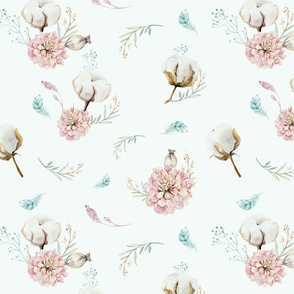 Watercolor pattern with flowers and cotton branches. 