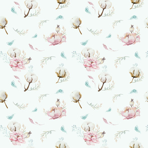 Watercolor floral pattern with flowers and cotton branches. 