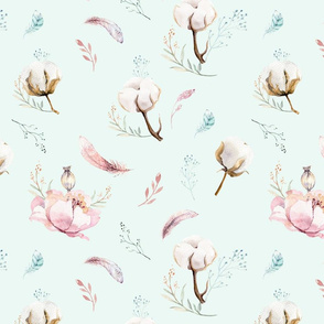 Watercolor pattern with flowers and cotton branches. 