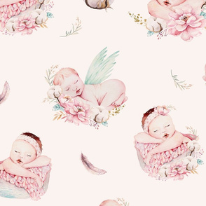 Cute newborn watercolor baby with flowers. 