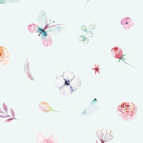 Watercolor pattern with flowers and butterflies