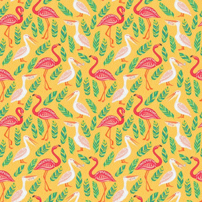 Pink flamingos, pelicans, tropical leaves