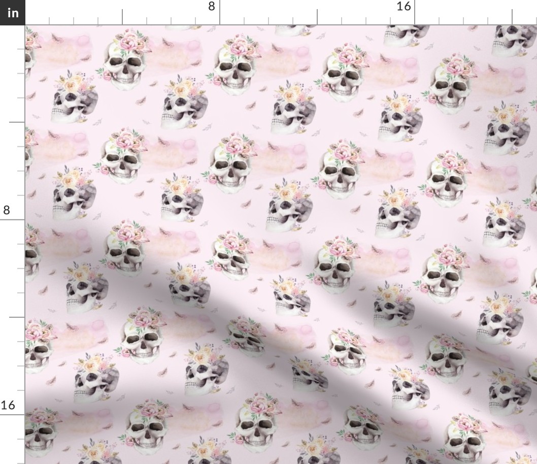 Watercolor pattern with human skull and roses