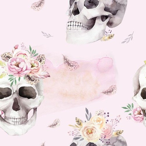 Watercolor pattern with human skull and roses