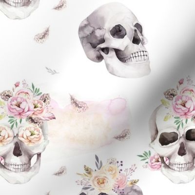 Watercolor pattern with human skull and roses