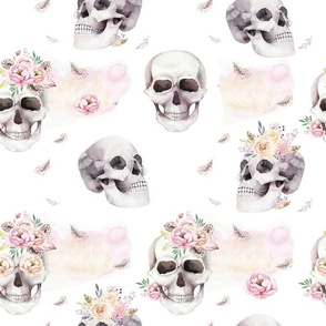 Watercolor pattern with human skull and roses