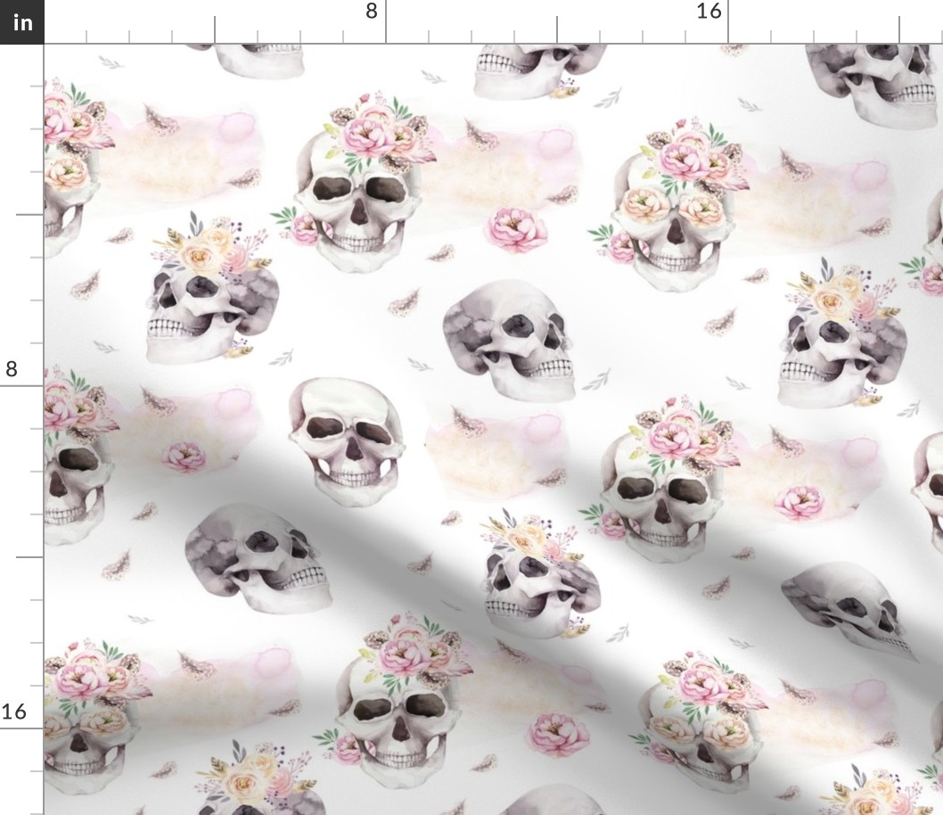 Watercolor pattern with human skull and roses