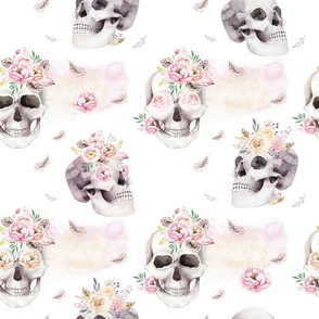 Watercolor pattern with human skull and roses