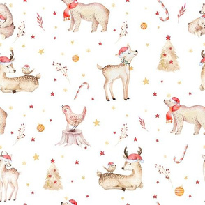 Watercolor new year holiday forest animals: baby deer and bear 